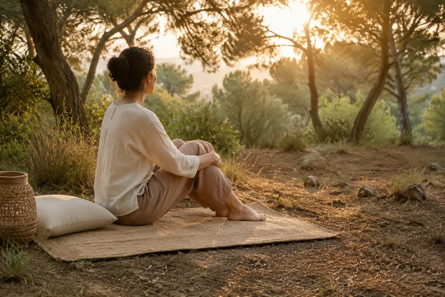 Mujer sentada en la naturaleza durante una pausa de atención plena